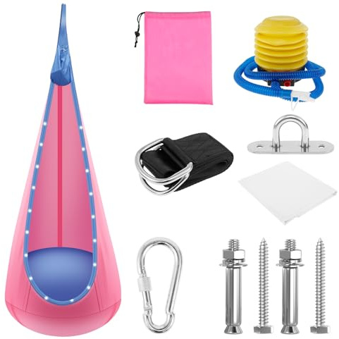 Foppla Pod Schaukelsitz mit LED-Lichtleiste, verstellbar, bequem, aufblasbare Hängematte, vielseitig, einfach zu installieren, beleuchtete Pod-Schaukel für drinnen und draußen, Rosa