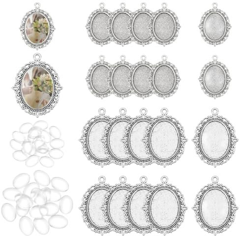 UNICRAFTALE About 40 Sets 2 Sizes Oval Fancy Tibetan Style Pendant Antique Sliver Cabochon Setting Trays Pendant Blank Dome Bezel Charm with Glass Cabochons for Photo Crafts Necklace Jewelry Making
