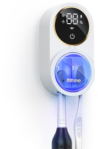Bitvae Upgraded Tooth Brush Holder for Bathroom 2.0, Infrared Sensing Toothbrush Cleaner, Wall-Mounted for Most Size Toothbrushes, Air Drying, LED Smart Screen, White Gold Trim