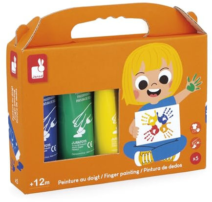 Janod - 5 tubos de pintura para dedos para bebés a partir de 1 año - Tubo de 75 ml - Testado dermatológicamente y se limpia con agua - Ideal para los más pequeños - A partir de 12 meses - J07403