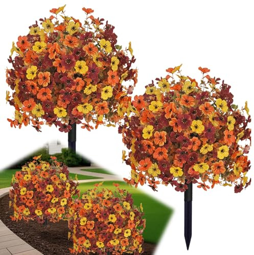 YUGYUM Fall Artificial Mums Topiary Ball Tree with Spike,2 Pack 23 UV Resistant Outdoor Porch Faux Shrubs Plants Greenery with Flowers Violet,Fake Bushes for Garden Pathway Autumn Decor-Orange