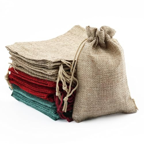 24 Stück Jutesäckchen mit Kordelzug, Jutebeutel Klein zum Befüllen 3 Farben | Wiederverwendbare, 10 x 14 cm, Säckchen für Schmuck Tee Kaffee Gewürze Süßigkeiten Basteln Weihnachten(Jute, Rot, Grün)