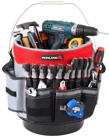 IRONLAND Bucket Tool Organizer Fit 3.5-5 Gallon Bucket, 64 Pockets, Bucket Tool Caddy Organization for Garden, Construction, Carpenter, Electrician, Builder red