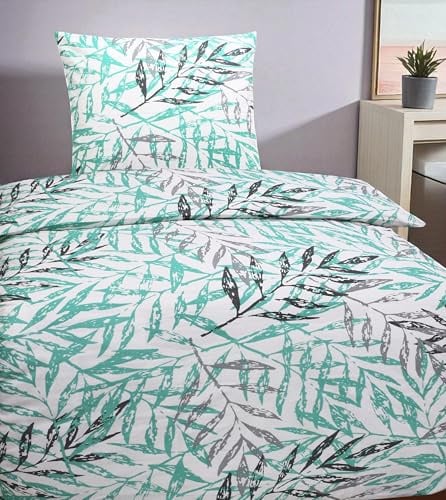 LINKHOFF Bettwäsche-Set 135x200 + 80x80cm 2tlg - Bettwäsche aus 100% Baumwolle - Reißverschluss, Blättermotiv, Türkis Weiß Baumwollbettwäsche Blumen