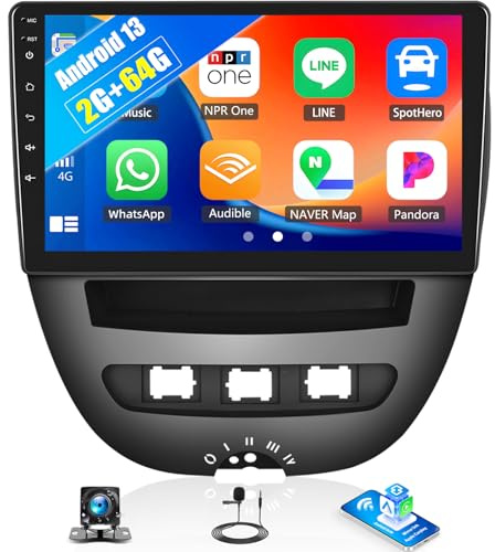 SIXWIN Android Car Stereo for Toyota Aygo Citroen C1/Peugeot 107 2004-2014 with Wireless CarPlay Android Auto Mirror Link 2G+64G 9 Inch Touchscreen Bluetooth GPS Navigation WiFi FM Backup Camera MIC
