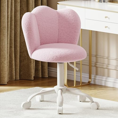 Höhenverstellbarer Bürostuhl, Schminktisch Stuhl Drehbar mit Rollen | Fleece Schreibtischstuhl, Verdicktem Kissen, Kronenform Rückenlehne, bis 150 kg, für Schlafzimmer, Schminktisch, Rosa