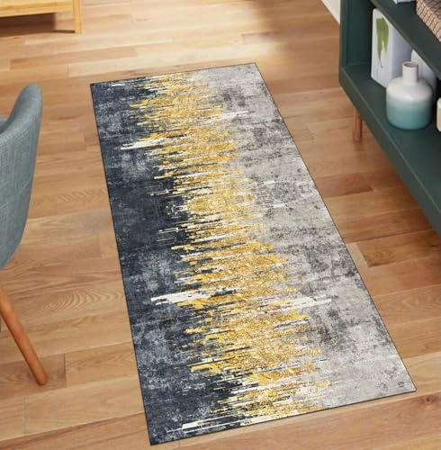 QQrunner Abstrakt Teppich Läufer Flur, Waschbar rutschfest 100x1300CM Teppichläufer Küchenteppich Meterware Lang Grau Gold Korridor Kücheläufer