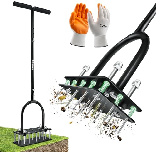 Saker Manual Lawn Aerator Tool with 15 Iron Spikes Adjustable Height, Double-Layer Spring, Heavy-Duty Iron Lawn Aerator Tool with Gloves for Loosening Soil Aerating Patio, Yard, Garden Black
