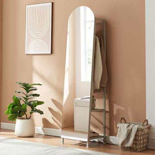 [en.casa] Standspiegel Ganzkörperspiegel Frenraby 2-in-1 Garderobenspiegel mit Kleiderständer mit 2 Ablagen 165 x 40 x 35 cm Kleiderstange Schlafzimmer Sandfarben