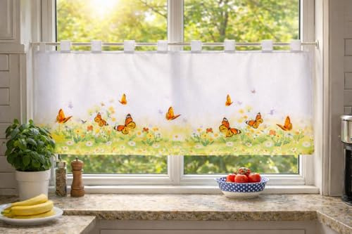 KAMACA Bistrogardine 50x120 cm Weiß – Sommerliches Design mit bunter Blumenwiese & Schmetterlingen – Transparente Scheibengardine mit Schlaufen – Elegante Fensterdeko für Küche & Esszimmer