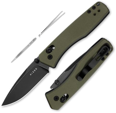 Kizer Aegis EDC Taschenmesser, Drop Point D2 Klinge Camping Klappmesser | 7 cm Faltbar Klinge mit Olivgrünem G10-Griff, Daumenknopf-Öffner, Outdoor Survival Messer für Camping und Wandern V3774M2