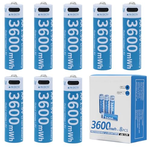 Tosiicop Wiederaufladbare Lithium Batterien AA - 1.5V 3600mWh AA Akkus Wiederaufladbare mit 4-in-1 USB-C Ladekabel Hohe Kapazität Aufladbare Batterie Schnellladung 8 Stück