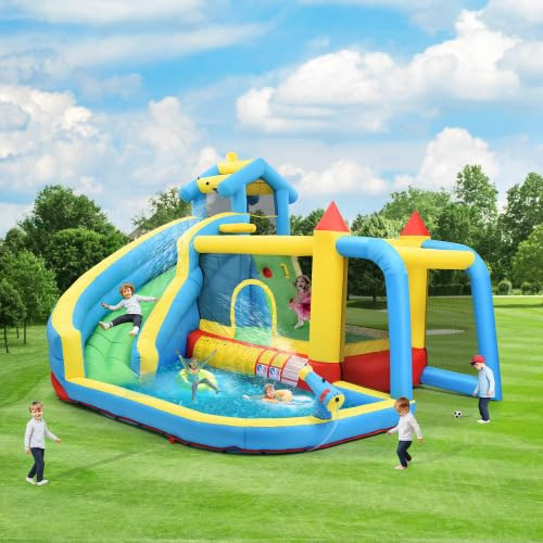 Castillo hinchable con soplador 5 en 1 – Tobogán acuático inflable para niños a partir de 3 – 10 años – Piscina infantil con tobogán, canasta de baloncesto y red de fútbol – Aparato de juego para