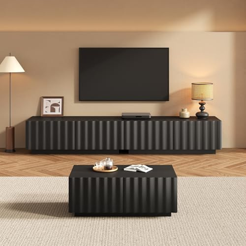 MAMAINI Juego de muebles de salón con diseño de ondas, mueble de TV y mesa de café, almacenamiento moderno, estable, práctico, color negro