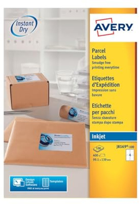 Avery J8169-100 Parcel Labels, 139 x 99.1 mm, Permanent, 4 Labels Per Sheet, 400 Labels Per Pack