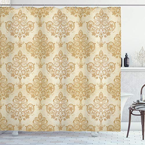 ABAKUHAUS Jahrgang Duschvorhang, Barock Curved Blumen, Stoffliches Gewebe Badezimmerdekorationsset mit Haken, 175 x 200 cm, Creme Pale Brown