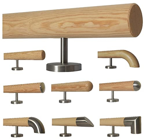 TIBU Kiefer Holz Handlauf Geländer 0,3m - 5m, Länge 130 cm, Ende gefast und 2 gerade Halter