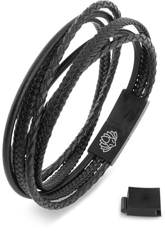 Akitsune Ambush Synthetisches Lederarmband | Magnetverschluss aus Edelstahl - Wickelarmband für Männer Herren - Armband inkl. schöner Schmuckschachtel - Schwarz-Schwarz - 19,00 cm
