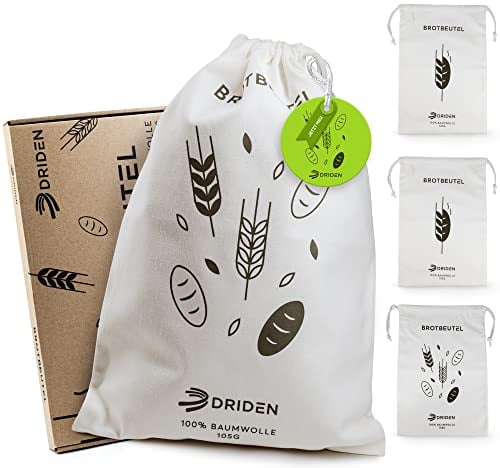 DRIDEN Brotbeutel XL [3er Set] 100% Natur Baumwolle - Brotsack für frische Brötchen & Großeinkäufe - Hohe Robustheit durch integrierten Rissschutz