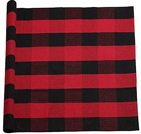 sourcing map Teppich Wohnzimmer Schlafzimmer Kinderzimmer Plaid aus Baumwolle für In- & Outdoor, gewebte, waschbare Buffalo-Teppich mit Karierten Matten Rot-Schwarz 90x150cm