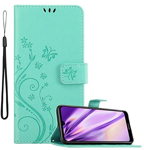 Cadorabo Hülle kompatibel mit Huawei Y6 2019 Blumen Design aus Premium Kunst Leder Flip Klappbare Stoßfeste Magnetische [Standfunktion] [Kartenfächern] Cover Hülle für Huawei Y6 2019 Tasche in Türkis