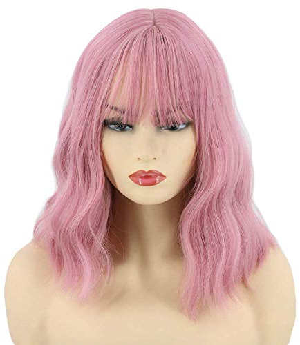Topcosplay Rosa Bob Perücke für Frauen Kurze Lockige Perücken mit Pony Natürlich Aussehende Synthetische Halloween Perücken