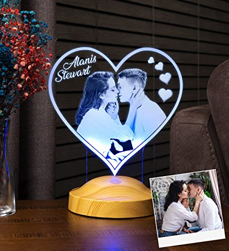 Geschenkelampe Fotogeschenk Personalisierbar mit eigenem Foto und Text in 3D Bilder Led Motiv Lampe gravieren hochzeit Herz (Herz Fotolampe)