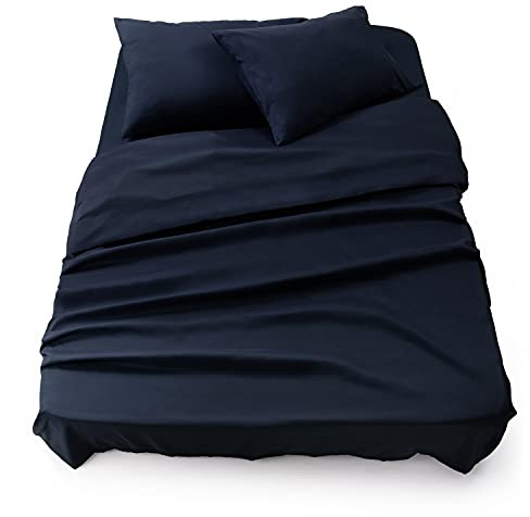 Blumtal® Bettlaken Set 3-teilig - OEKO-TEX zertifiziertes 3er Set - Spannbettlaken 135x190x30cm + Bettlaken ohne Gummizug 220x275cm + 2x Kissenbezug 50x80cm - Bettlaken & Kissenbezug - Dark Ocean Blue