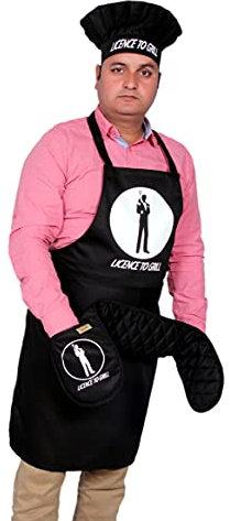 SiXsigma Sports Set of 3 Funny Chefs Aprons Hat Double Oven Gloves Set Novelty Kitchen Baking Cooking BBQ Birthday Anniversary Christmas Set (11- Licence to Grill Black Set)