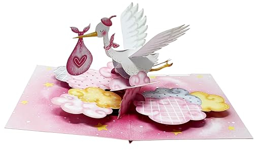 Tarjeta emergente 3D de grulla rosa bebé, tarjeta de cumpleaños, tarjeta de felicitación hecha a mano, regalo para niño niña, tarjeta de felicitación, mejores deseos, tarjeta de pájaro
