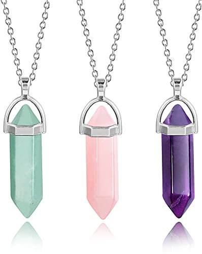 ALEXCRAFT 3PCS Healing Crystal Necklaces for Women,Rose Quartz Aventurine Amethyst Crystal Necklace Set Natural Hexagonal Pointed Gemstone Necklace Pendant for Men (Green Rose Amethyst)