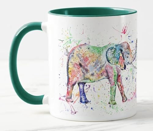 Vixar Elephant Wild Animal Watercolour Art Coloured Mug Cup Gift Birthday Work Office Christmas Tea Coffee (D Green)