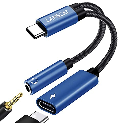 LAMSCAT USB C auf Klinke Adapter und Laden, 2in1 Typ C auf 3.5mm Adapter Kopfhörer Android Handy PD60W Schnellladung für Samsung S22/S21/, Pixel 7/7pro/6, pad Mini 6 und mehr (blau)