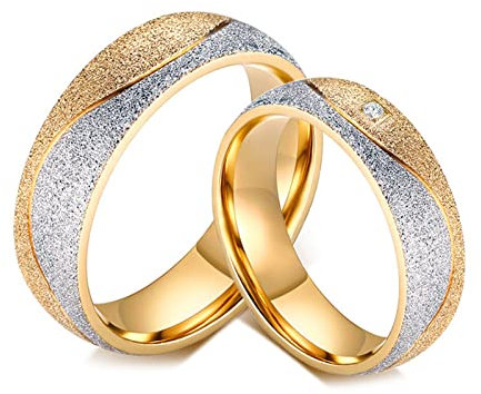 Verlobungsringe Titan Paarpreis, Partnerringe Paarpreis Gold 6MM Breite Bicolor Runden Zirkonia Eheringe Paarpreis mit Gravur Damen Gr. 49 (15.6) & Herren Gr. 65 (20.7)