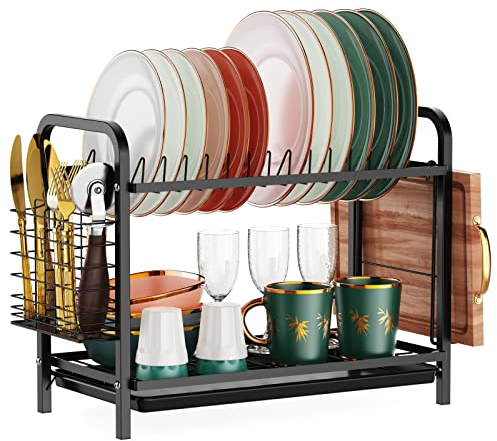 iSPECLE 2 Tier Dish Drainer - Dish Drying Rack with Drip Tray, Sink Draining Board with Utensil Cutting & Board Holder for Kitchen Worktop(Black Square)