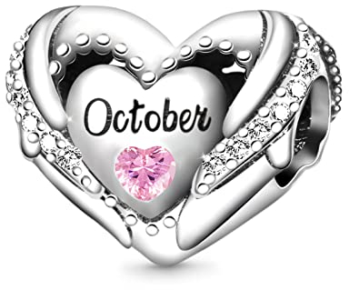 GNOCE Geburtsstein-Charm für Charms-Armband 925er Sterlingsilber Liebes-Herz-Perle Alles Gute zum Geburtstag Charms für Armband/Halskette Geschenk (Oktober)