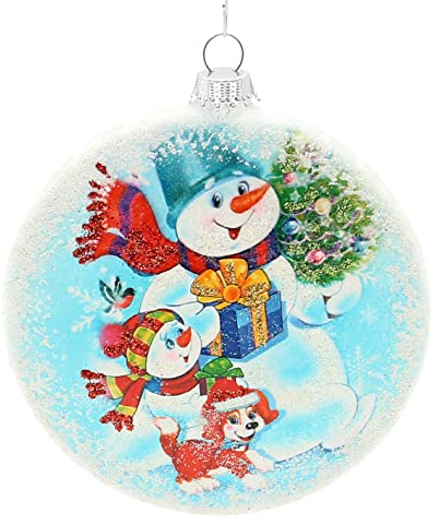 Lauschaer Christbaumschmuck - Glastaler Bedruckt mit kleinem und großen Schneemann, mit Glitter - Dekor und Silberkrönchen, Größe B/Ø: ca. 1 x 9 cm