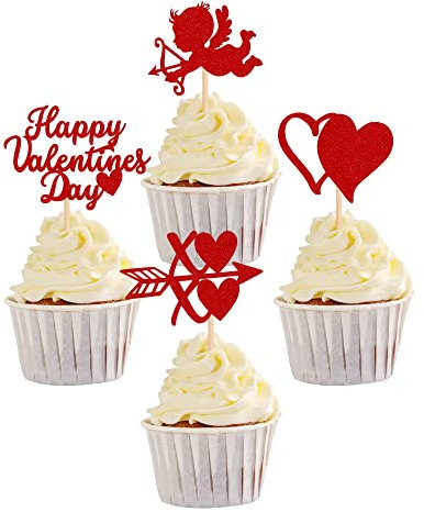 24 Stück Happy Valentine's Day Cupcake Toppers Rot Glitter XOXO Cupid süße Liebe Kuchendekoration für glückliche Valentinstag Thema Hochzeit Brautdusche Geburtstag Party Kuchen Dekoendeko