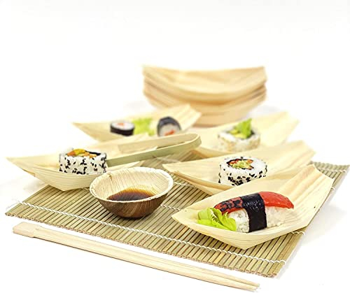 Disposable Wooden Boat Dishes 100 pcs - Pinewood Snack Sushi Serving Bowls Food Take Out Trays - Suitable for Parties Weddings Christmas Catering Restaurant (M (14 x 7.7cm))