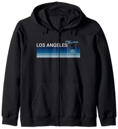 Blu Vintage 80s Palme Tramonto Los Angeles California Felpa con Cappuccio