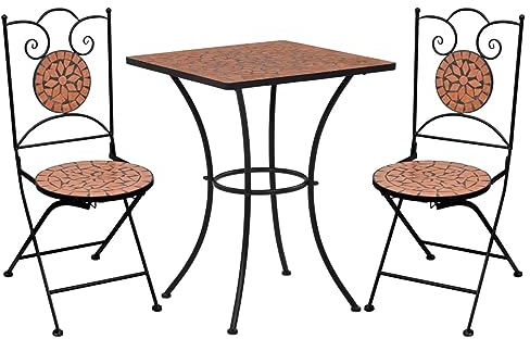 JUNZAI 3-TLG. Bistro-Set, Bistrotisch Mit 2 Stühlen, Gartenset Tisch Und Stühle, Balkontisch Klein, Bistroset, Mosaik Keramik Terrakotta