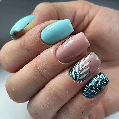 TMUT 24pcs Square Blue Glitter False Nails, Full Cover, Press On, Removable, Gel Glitter, ABS Material, Women Girls Nail Art Accessories