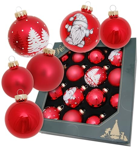 Krebs Glas Lauscha – Exklusives hochwertiges 16-teiliges Weihnachtskugel-Set in warmen Rottönen - dekoriert mit Wichteln und Winterwald-Motiven