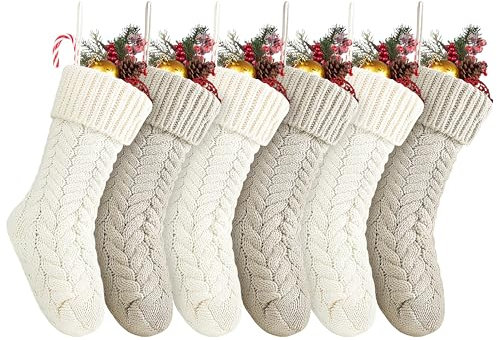 Weihnachtsstrümpfe, 45,7 cm, groß, Zopfstrick, Kamin, hängende Strümpfe für Familie, Urlaub, Weihnachten, Party, Dekorationen, Elfenbeinweiß und Khaki, 6 Stück