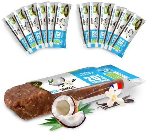 Gourmiz barres de fruits protéinées - 12 x 40gr - (20% de protéines), barre protéinée énergétique bio, dattes, noix de coco, & vanille, snacks vegan, proteine & sans gluten, protein bar