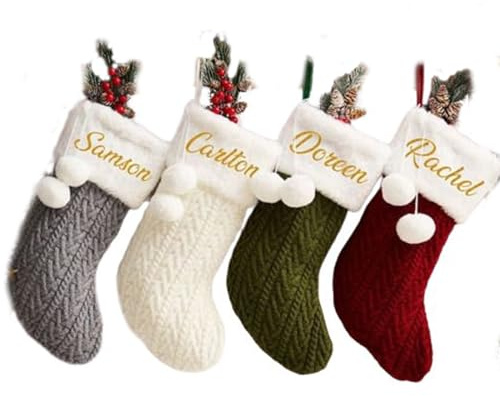 Personalized Christmas Stockings, Custom Name Embroidery Stocking Twist knitting Stocking Family Stockings Holiday Stockings for Fireplace or Party Decoration Christmas Gift