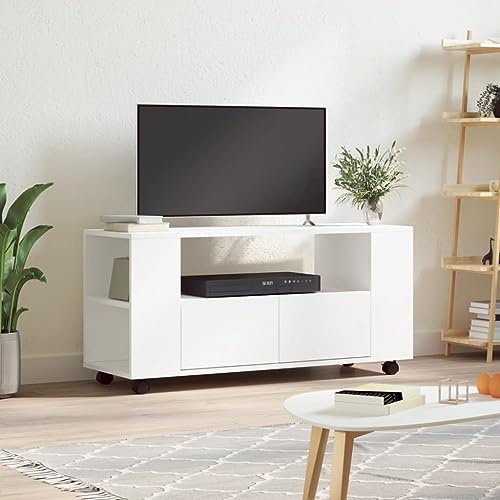 Festnight Mueble TV con Ruedas, Armario Baja para TV, Mueble para TV Moderno de Madera Ingeniería, Blanco 102x34,5x43 cm