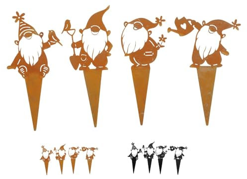 NETPROSHOP 4er Set Zwerge zum Stecken Rost o Schwarz Gartenstecker Metall H 9-11 cm + Stecker, Farbe:Rost