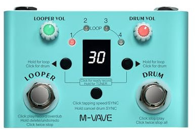 Looper Pedal with Drum Machine, Mini Effect Pedal 2-in-1 Looper & Drum Machine Double Footswitch Looper Guitar Pedal, 30 Drums & 4 Loops High Precision Tuner Speed Adjustable Drum Looper Effector