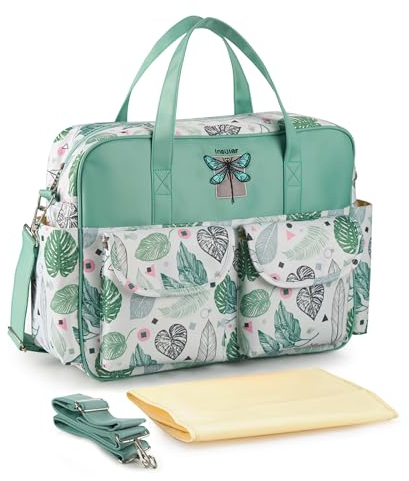 SONARIN Leichte Große Kapazität Baby Wickeltasche,Wasserdicht Reise Wickeltasche Umhängetasche Tragetasche Henkeltaschen Babytasche mit Schultergurte & Wickelunterlage(Grünes Blatt)